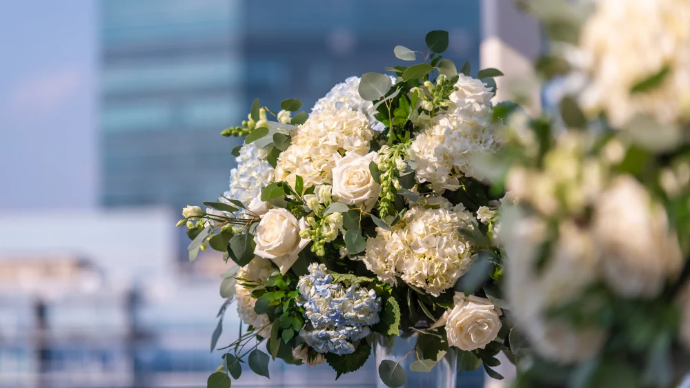 A beautifully arranged wedding floral design