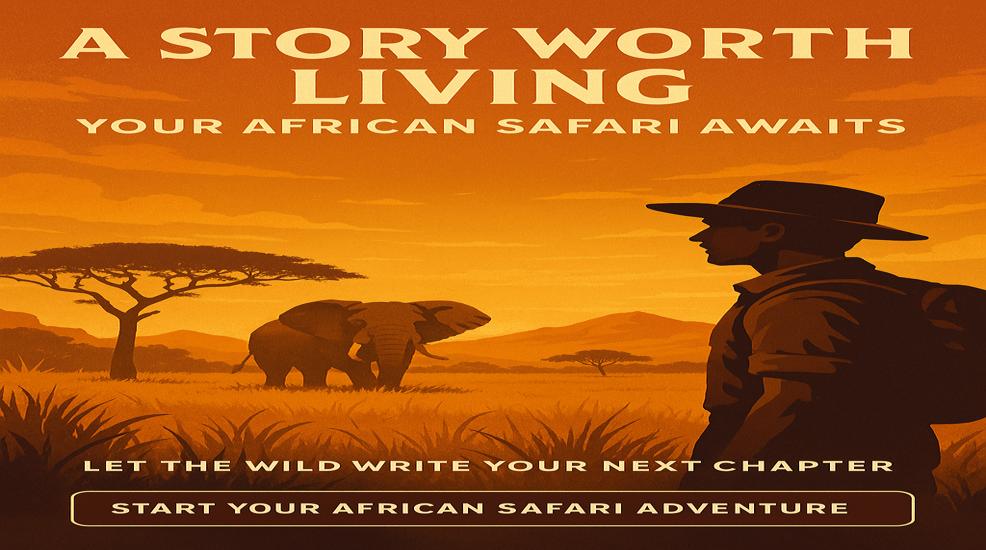 Silhoette of a man on an African Safari looking out to the sunrise and elephant - Latitude Longitude Safari Travel
