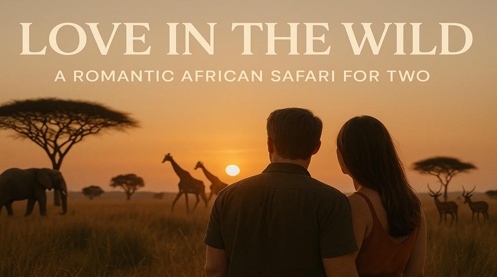 Couple looking romantically at an African Safari Savannah on their honeymoon or anniversary.