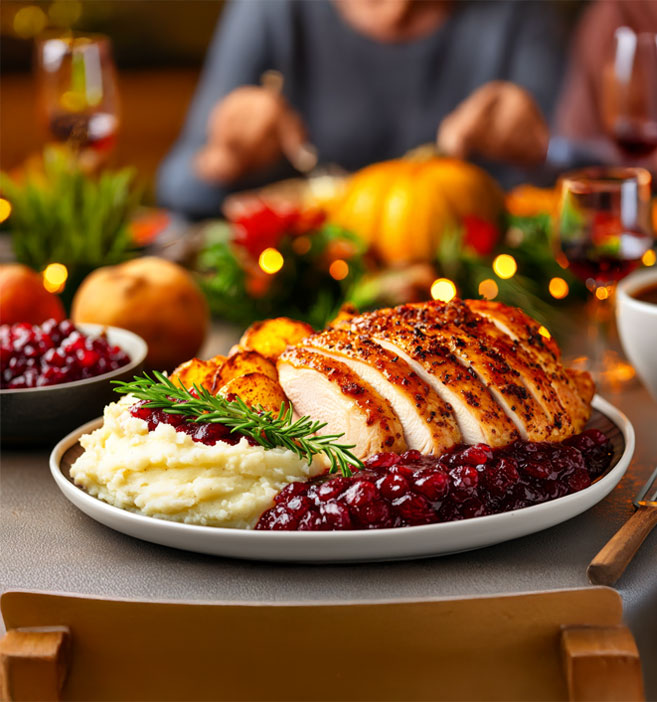 Holiday dinner beautifully plated - sliced turkey, cranberries, and mashed potatoes. CRAVE Catering - Thanksgiving Christmas dinner catered.