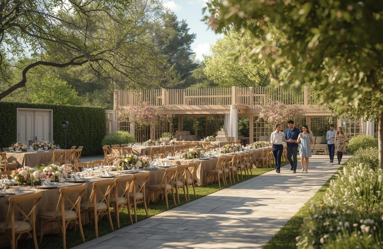 Spring event planning scene with outdoor venue setup, catering tables, floral decor, and guests arriving in daylight