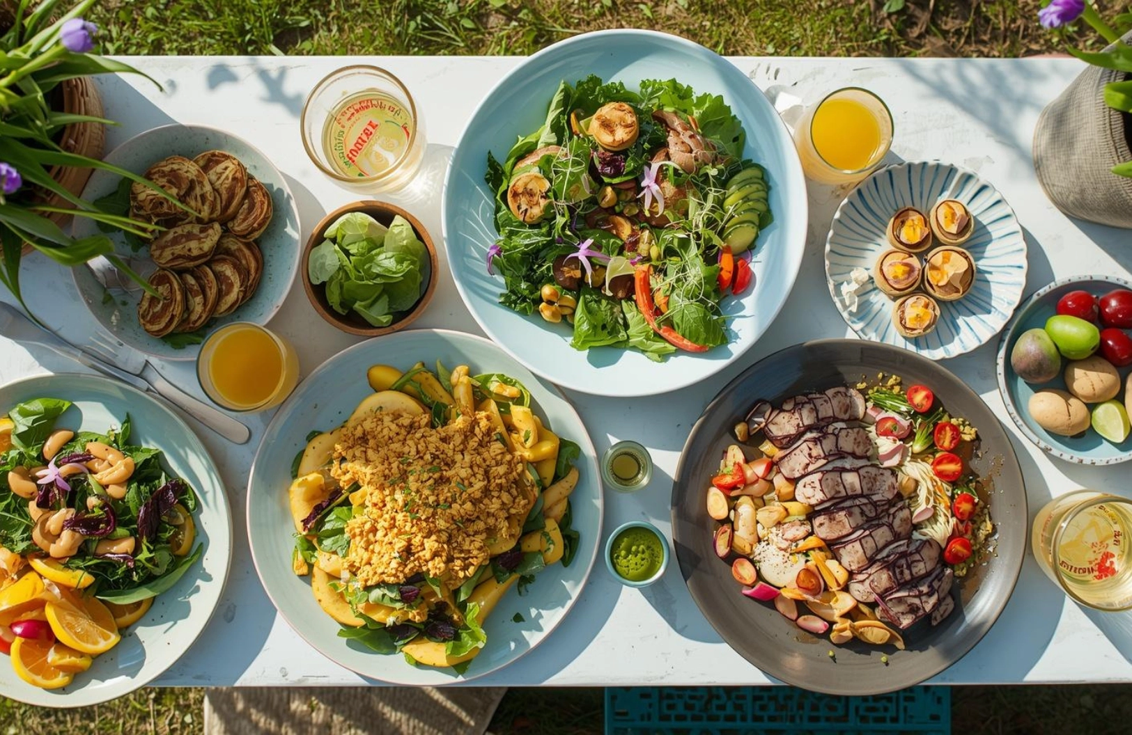 Fresh spring menu spread with seasonal dishes, vibrant salads, and colorful ingredients on a bright table