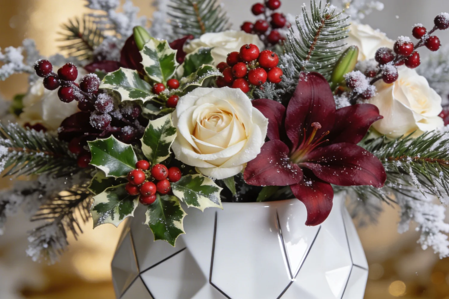 Elegant winter floral arrangement with textured greenery, berries, and seasonal blooms in a modern vase